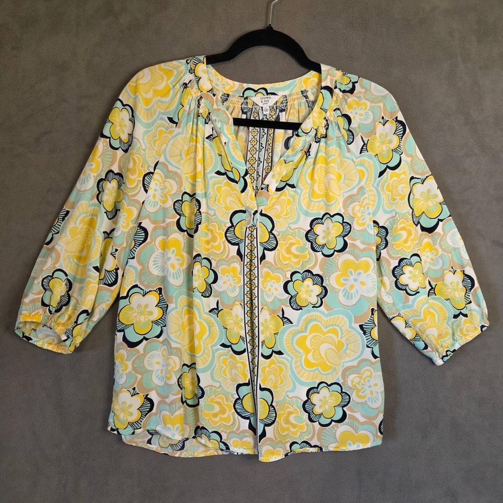 Floral Boho Peasant Top Women's Petite Large Mod Coastal Retro Casual Feminine
